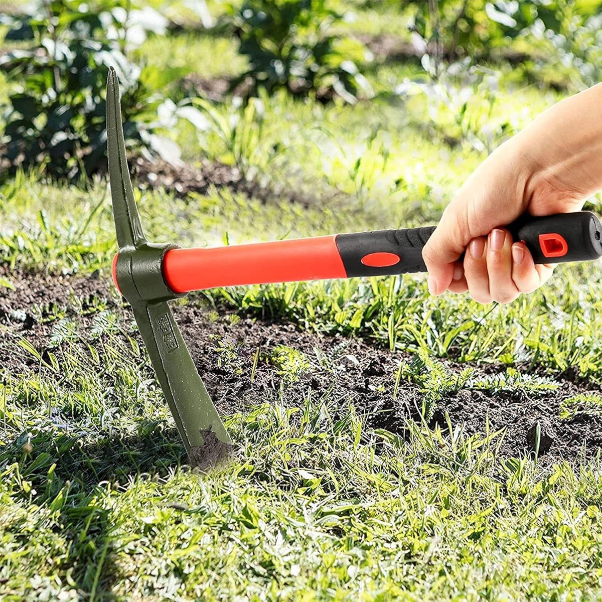 15 Inch Pick Mattock Hoe, Forged Steel Weeding Pick Axe with Fiberglass Long Handle Garden Tool for