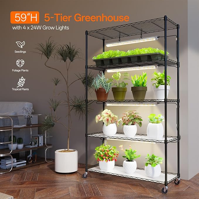 Bstrip Plant Shelf with Grow Light with Timer, Metal Plant Stand with Adjustable Rack and Wheels, 4