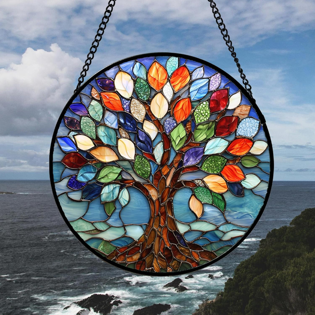Stained Glass Window Hanging, Colorful Tree of Life Sun Catchers Glass Panel Blue Suncatcher Decor