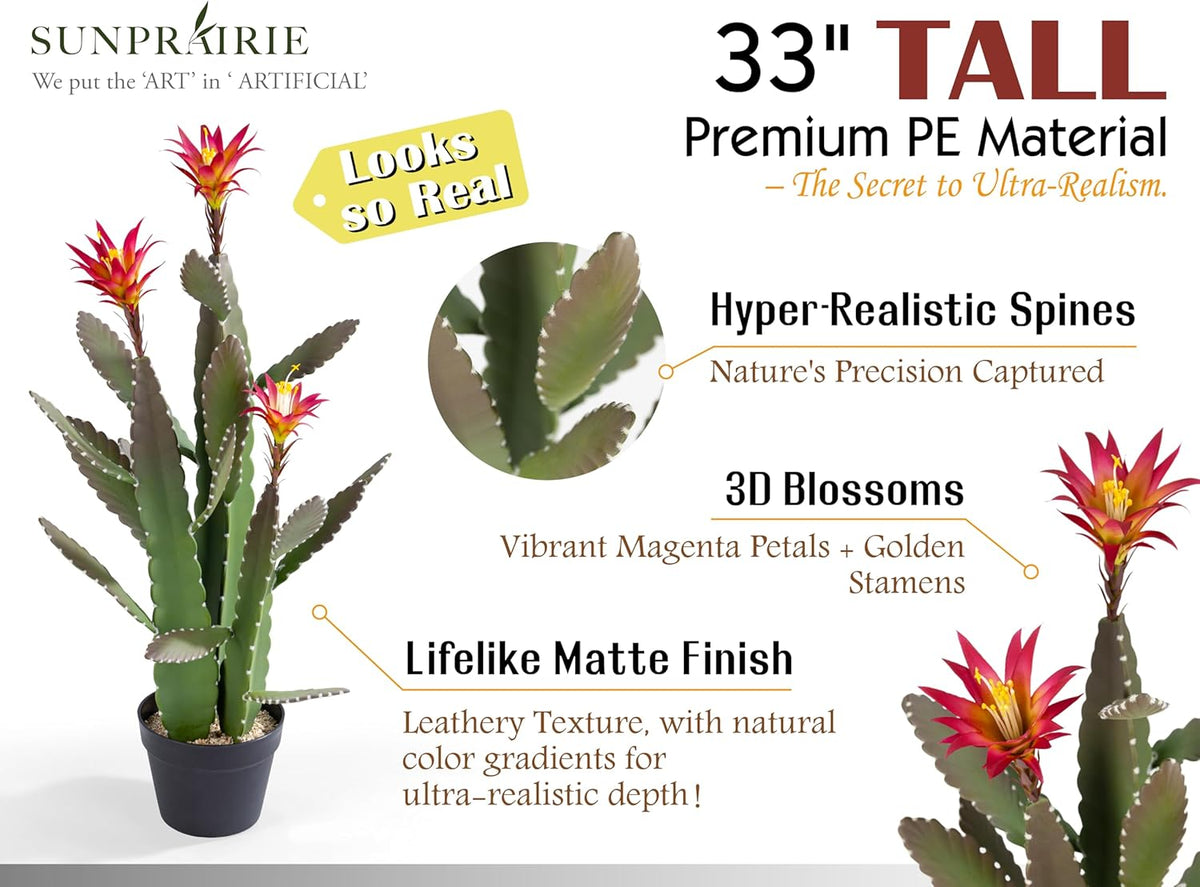 33 Inch Large Artificial Cactus with Magenta Flowers in Pot with Natural Gravel. Satin Finish