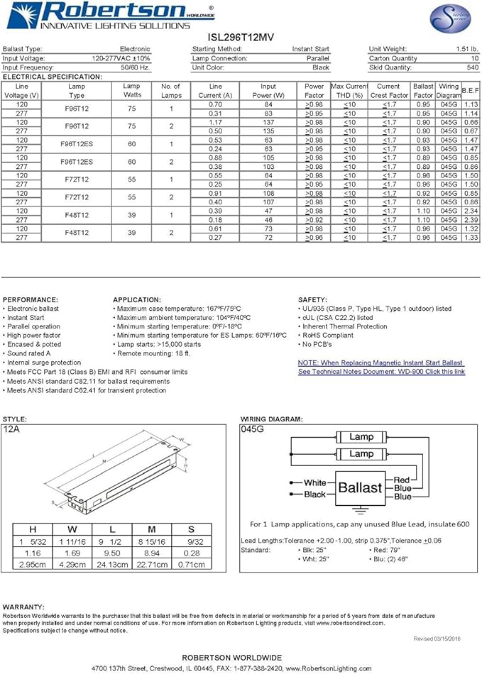 Robertson ISL296T12MV Ballast (3P20158) – 1 or 2 Lamp F96T12 (96W) Fluorescent Electronic Ballast