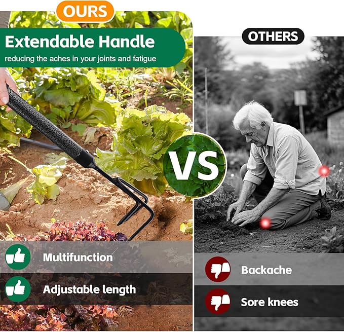 Garden Tools Set with Extension Handles, 5 Piece Thick Gardening Hand Tools, Heavy Duty Steel
