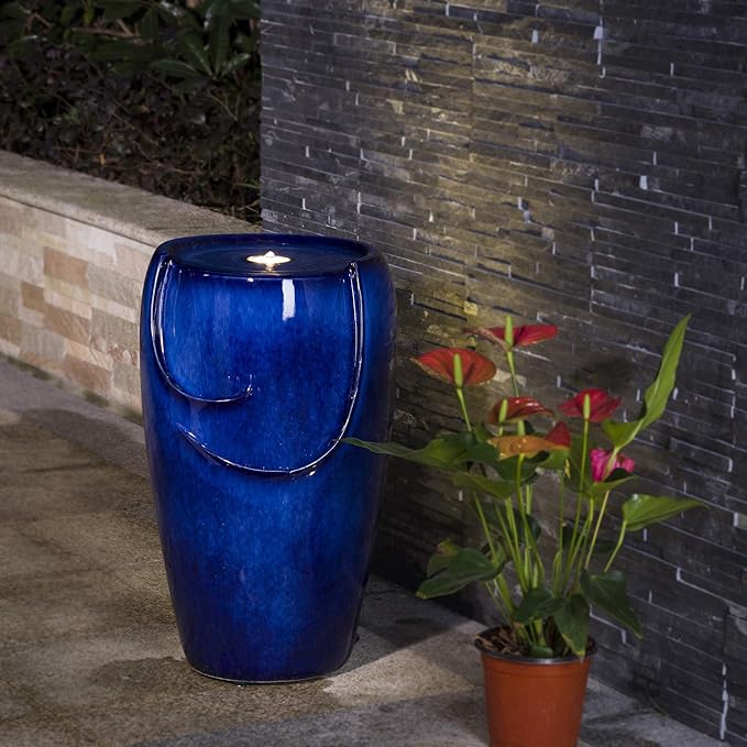 Glitzhome Ceramic Vase Outdoor Water Fountain Tall Patio Garden Water Fountain with LED Light and