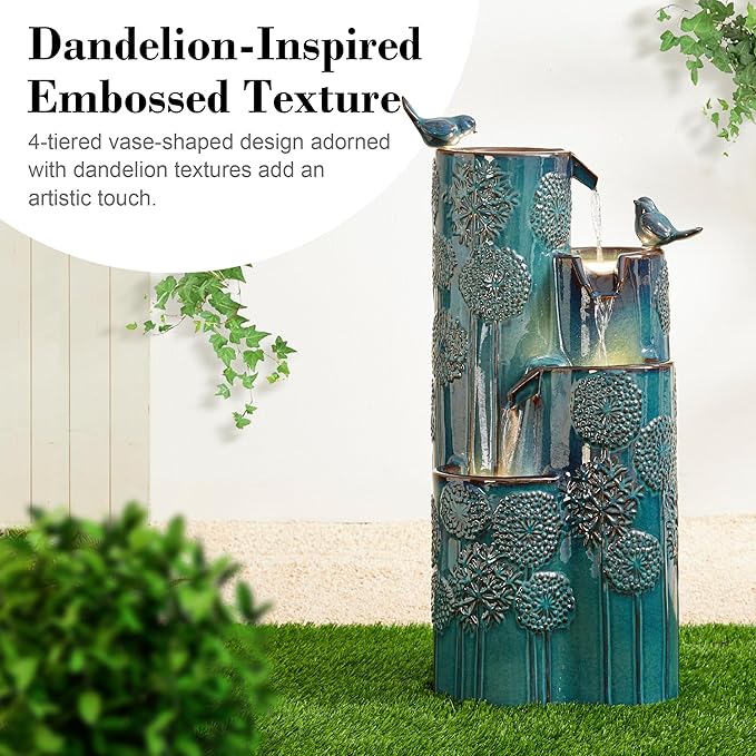 Glitzhome 31.75" H Outdoor Water Fountain with LED Lights and Pump, 4 Tier Dandelion Texture Vase