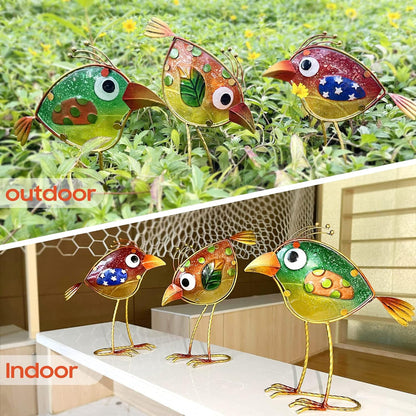 Garden Decor for Outside,Funny Metal & Glass Bird Decor for Indoor & Outdoor Set of 3,Yard Art