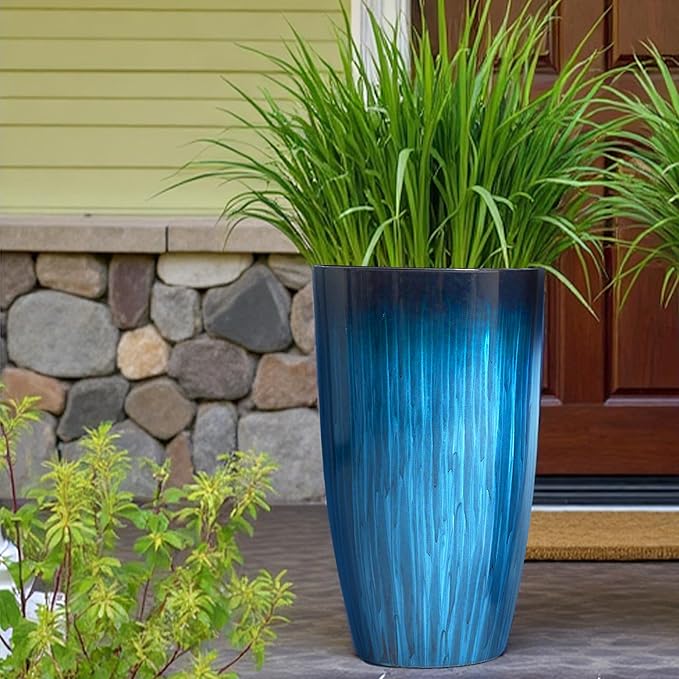 Worth Garden 20" H. Large Plastic Planters - Set of 2 Gradient Blue Glossy Smooth Finish - Tall