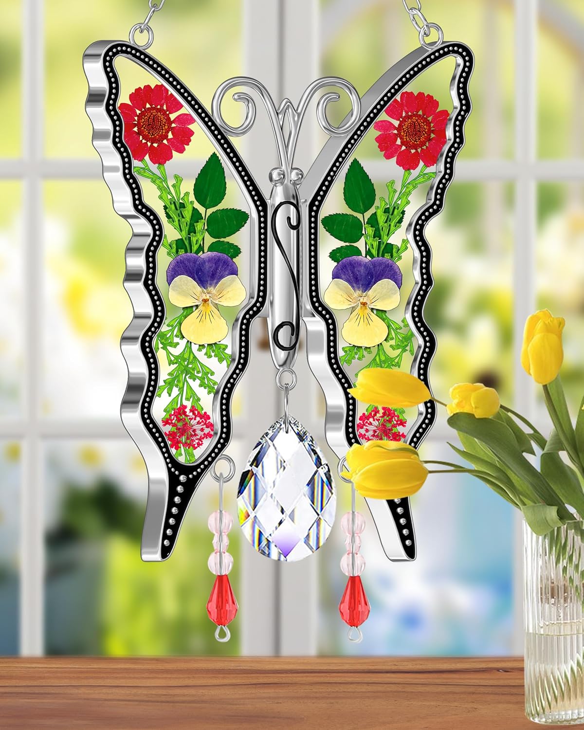 KY&BOSAM Crystal Butterfly Suncatchers for Windows Hanings Stained Glass Wind Chimes with Metal