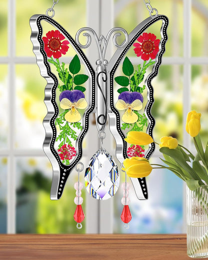 KY&BOSAM Crystal Butterfly Suncatchers for Windows Hanings Stained Glass Wind Chimes with Metal