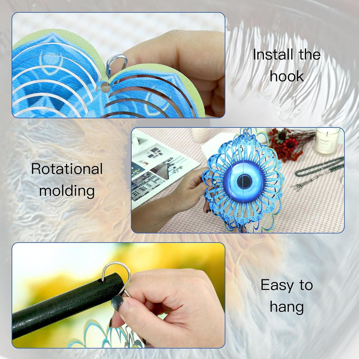 Blue Evil Eye Hanging Wind Spinners Outdoor Metal Evil Eye Decor Mandala 3D Stainless Steel Wind