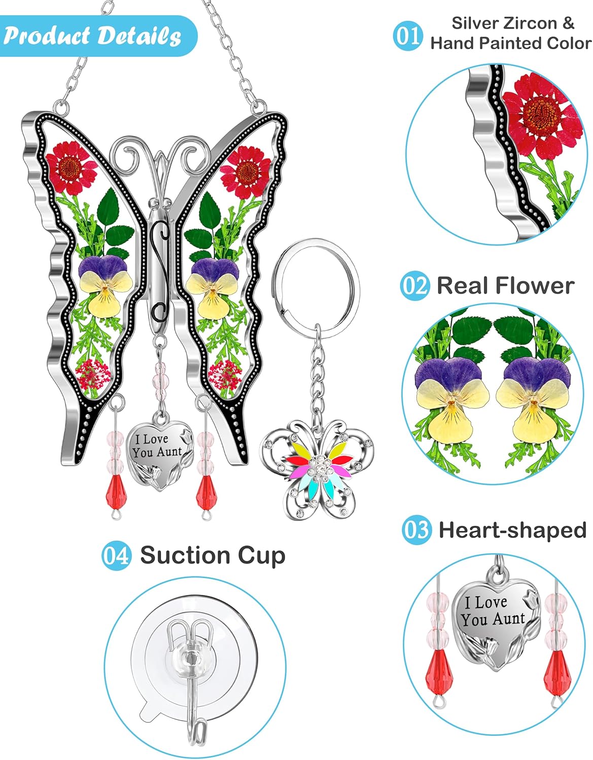 KY&BOSAM Gifts for Aunt Suncatcher Butterfly I Love You Aunt Gift Stained Glass Pressed Real Flower