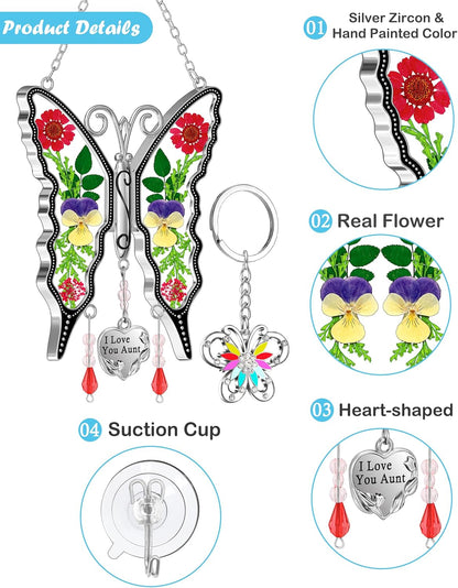 KY&BOSAM Gifts for Aunt Suncatcher Butterfly I Love You Aunt Gift Stained Glass Pressed Real Flower