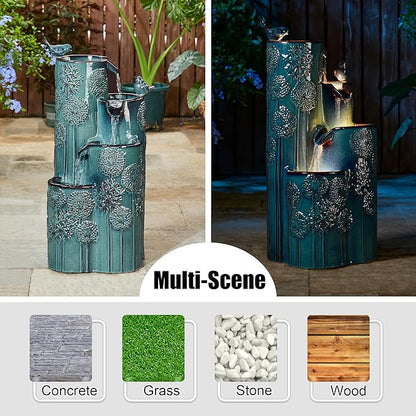 Glitzhome 31.75" H Outdoor Water Fountain with LED Lights and Pump, 4 Tier Dandelion Texture Vase