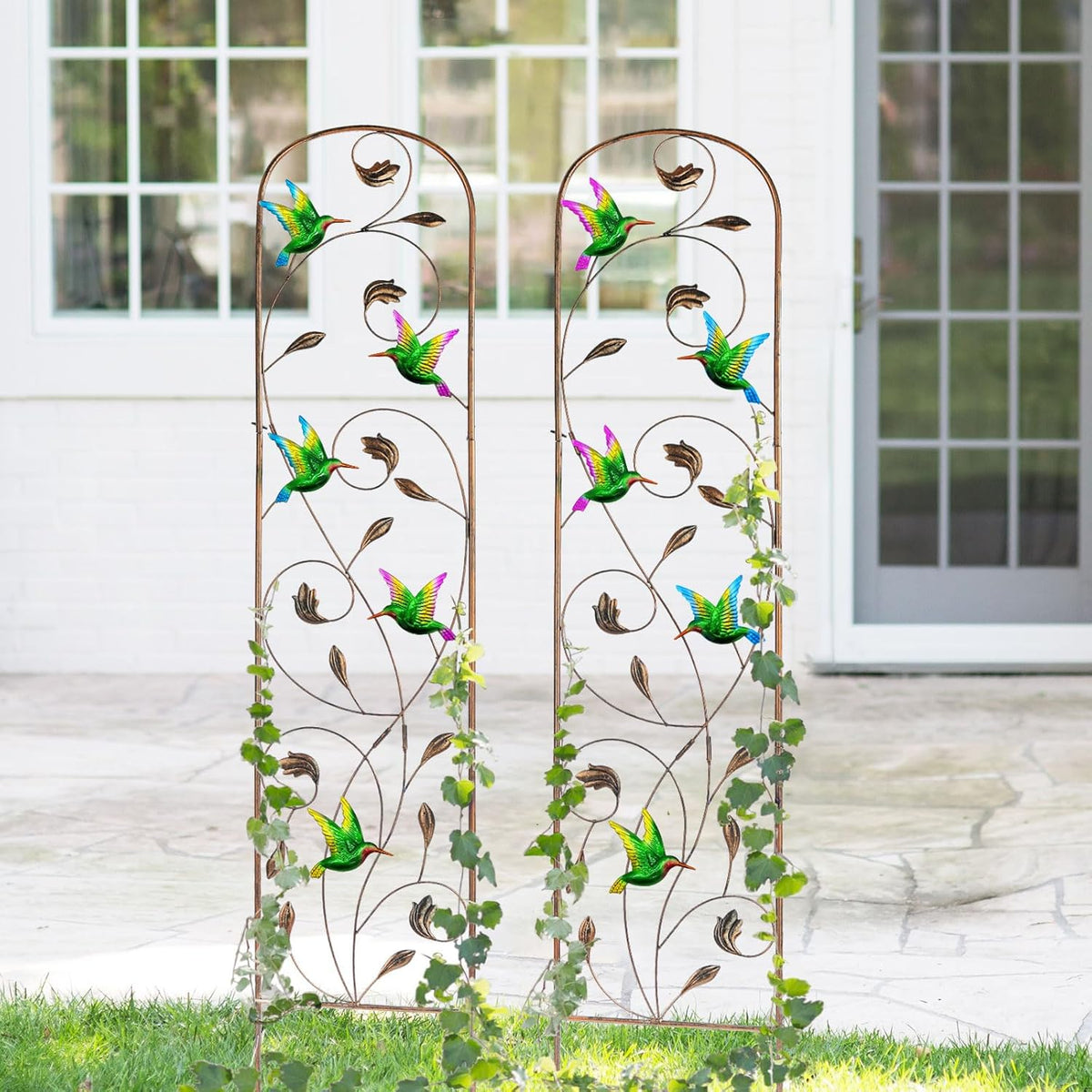 LEWIS&WAYNE 2 Pack Metal Garden Trellis with Colorful Hummingbird 60 Inch High Outdoor Decoration