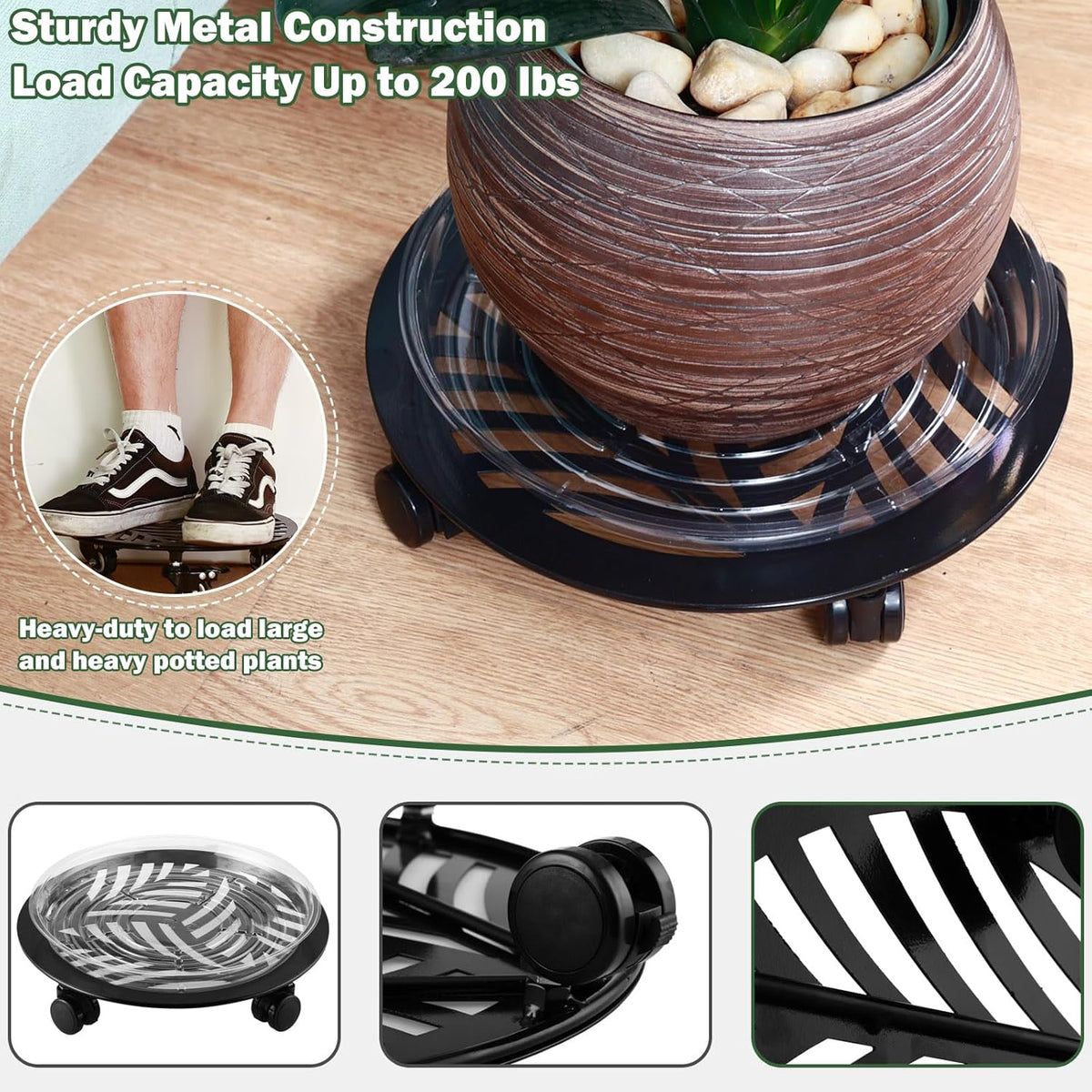 2 Packs Large Metal Plant Caddy with PU Wheels 13" Heavy-Duty Wrought Iron Rolling Plant Stands