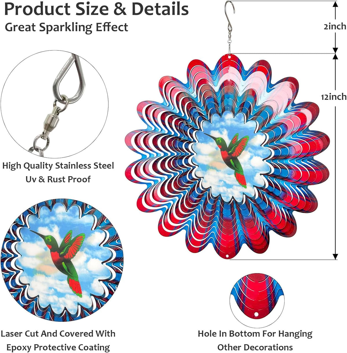 Hummingbird Animated Wind Spinner - 12In 3D Kinetic Hanging Sculpture, Creates Flying Hummingbird