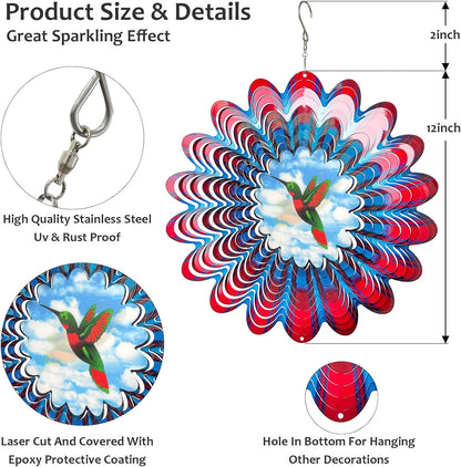 Hummingbird Animated Wind Spinner - 12In 3D Kinetic Hanging Sculpture, Creates Flying Hummingbird