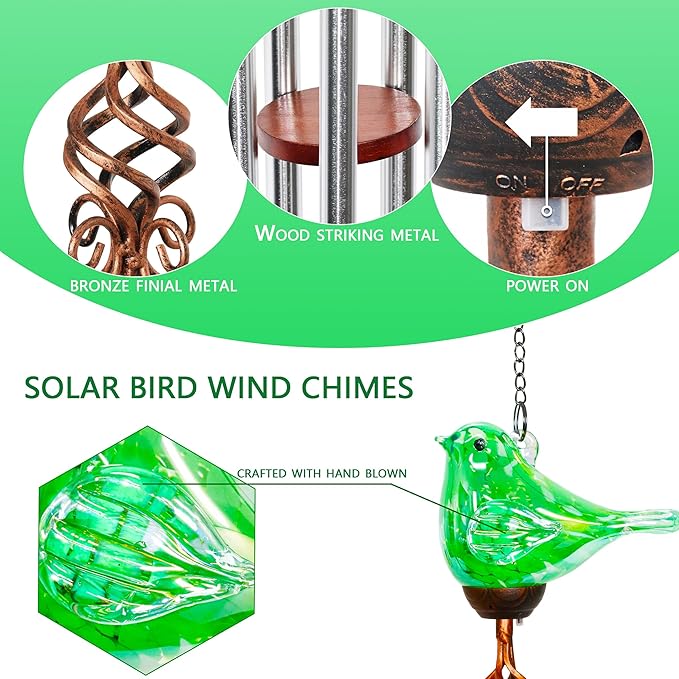 Wind Chimes, Solar Glass Bird Shape, LED, Outdoor Lawn and Patio Glass and Metal Decoration, 7 x 4