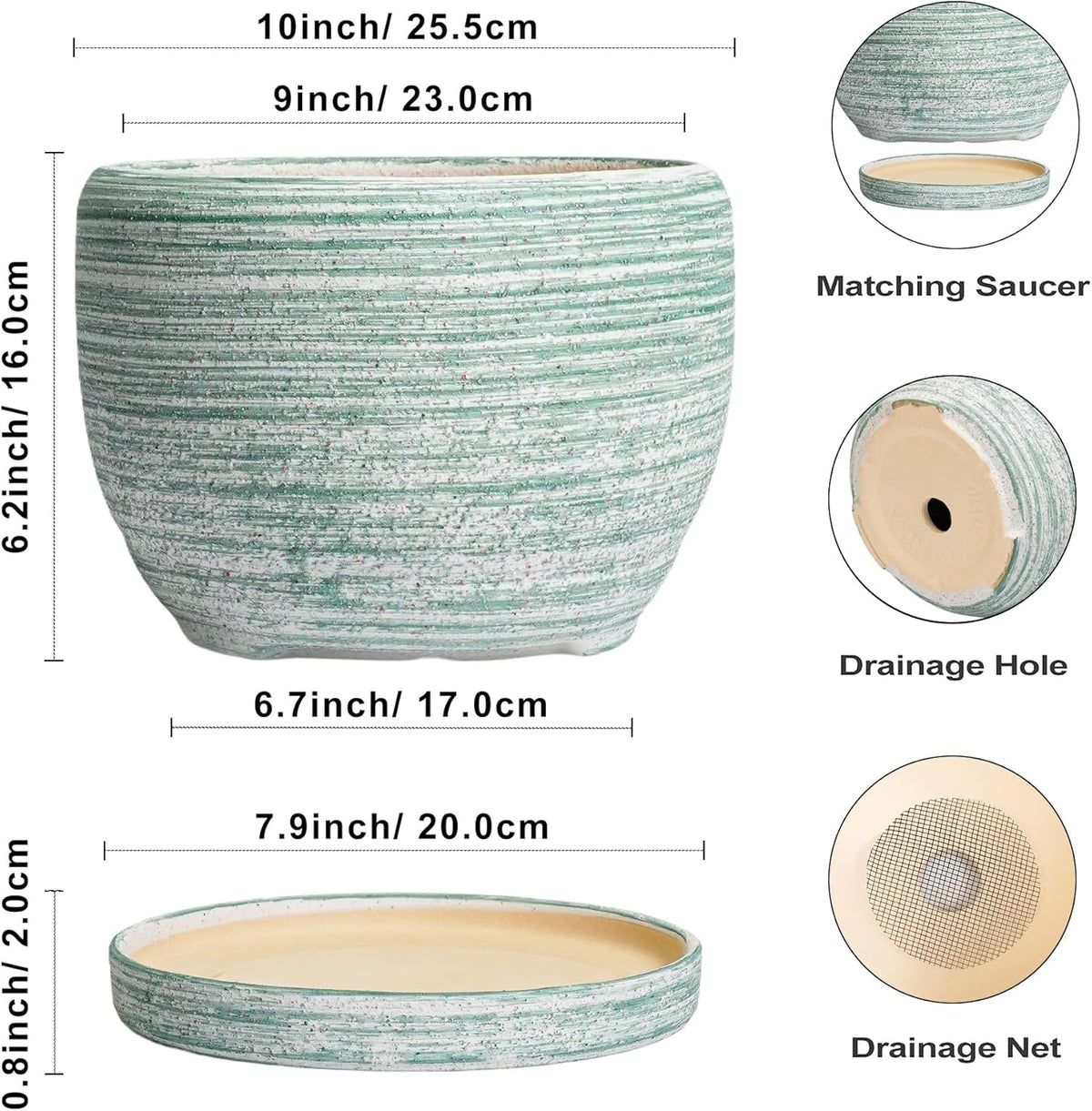 SQOWL Ceramic Pots for Plants - 10 Inch Ceramic Planter for Indoor Outdoor, Modern Round Flower Pot