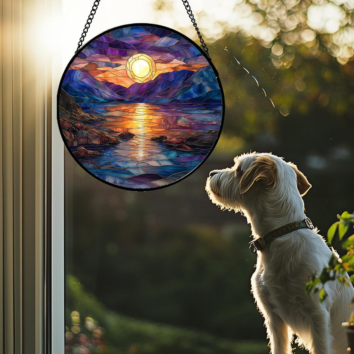 Stained Glass Window Hanging - Blue Purple Lake View Suncatcher for Door Terrace Garden Home Decor