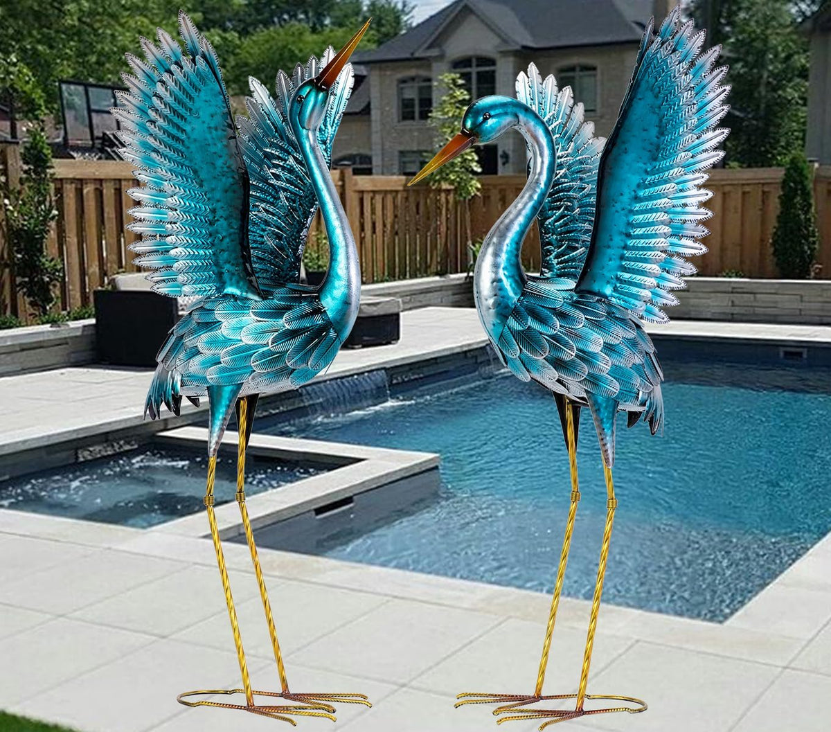 Natelf Garden Crane Statues for Outdoor, Blue Heron Decoy Courtyard Sculptures, Standing Metal Bird