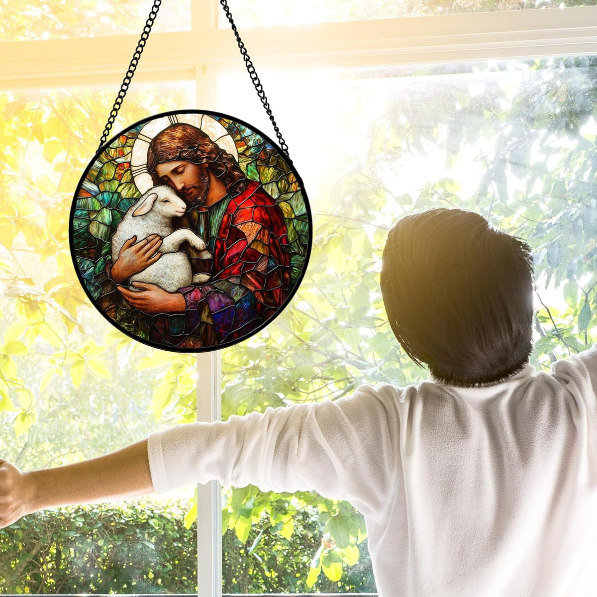 Stained Glass Window Hanging, Jesus Little Lamb Sun Catchers Colorful Glass Panel Christianity