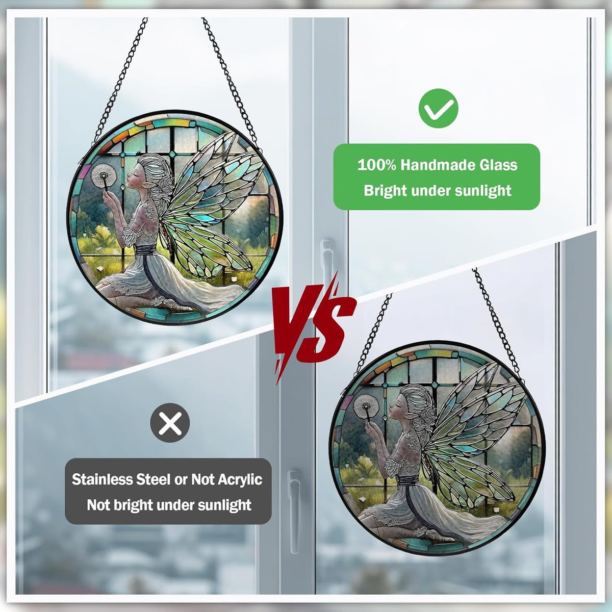 Dandelion Fairy Stained Glass Window Hanging, Suncatcher Diamond Glass Panel Hangings, Sun Catchers