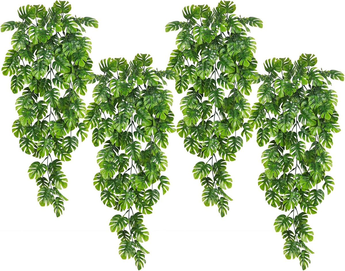 RECUTMS Artificial Hanging Plants 4Pcs, Fake Monstera Leaves Ivy Vine Faux Greenery UV Resistant