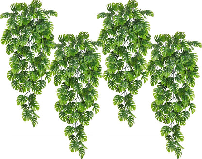 RECUTMS Artificial Hanging Plants 4Pcs, Fake Monstera Leaves Ivy Vine Faux Greenery UV Resistant