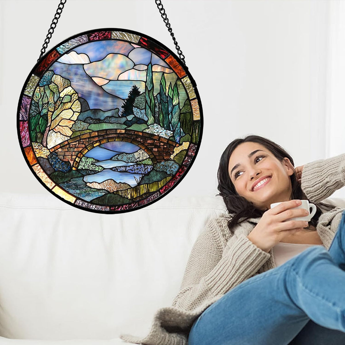 Stained Glass Window Hanging, Blue Landscape Arch Bridge Sun Catcher for Door Home Decor Suncatcher