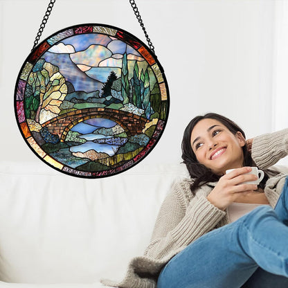 Stained Glass Window Hanging, Blue Landscape Arch Bridge Sun Catcher for Door Home Decor Suncatcher