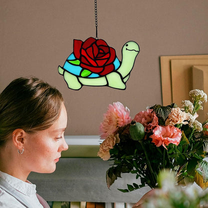 Stained Glass Turtle with Rose Birthday Gifts for Women, Stained Glass Window Hanging Suncatcher