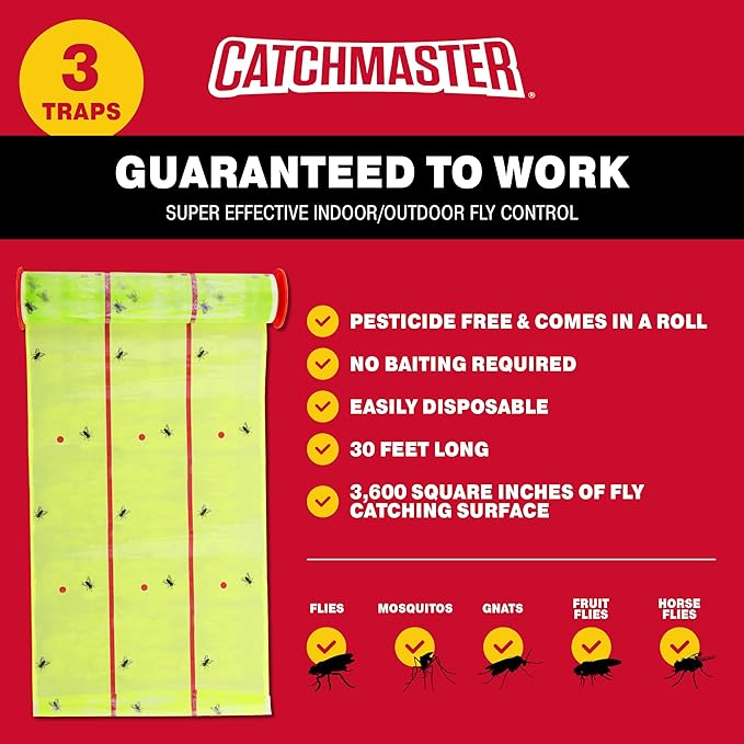 Catchmaster Giant Fly Glue Trap 3-Pack 30 Feet Each, Adhesive Fly Traps Outdoor, Sticky Bug
