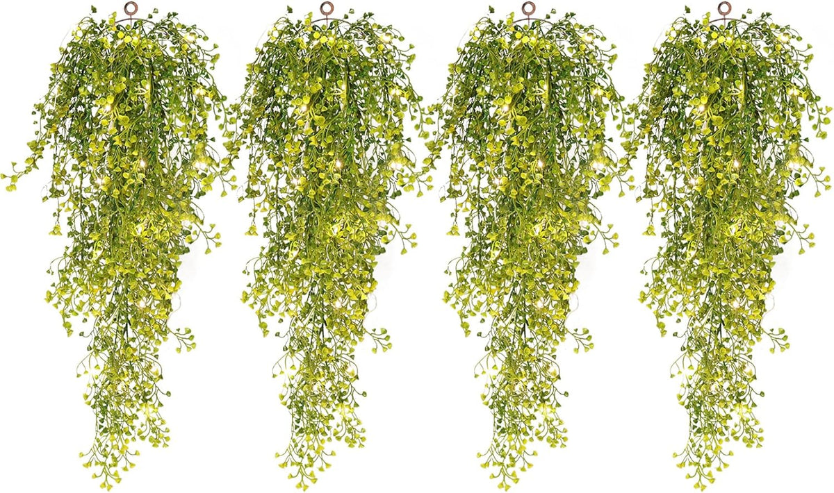RECUTMS 4Pcs Artificial Hanging Ferns Plants with 30 Lights Fake Ivy Vine Faux Greenery Garland for