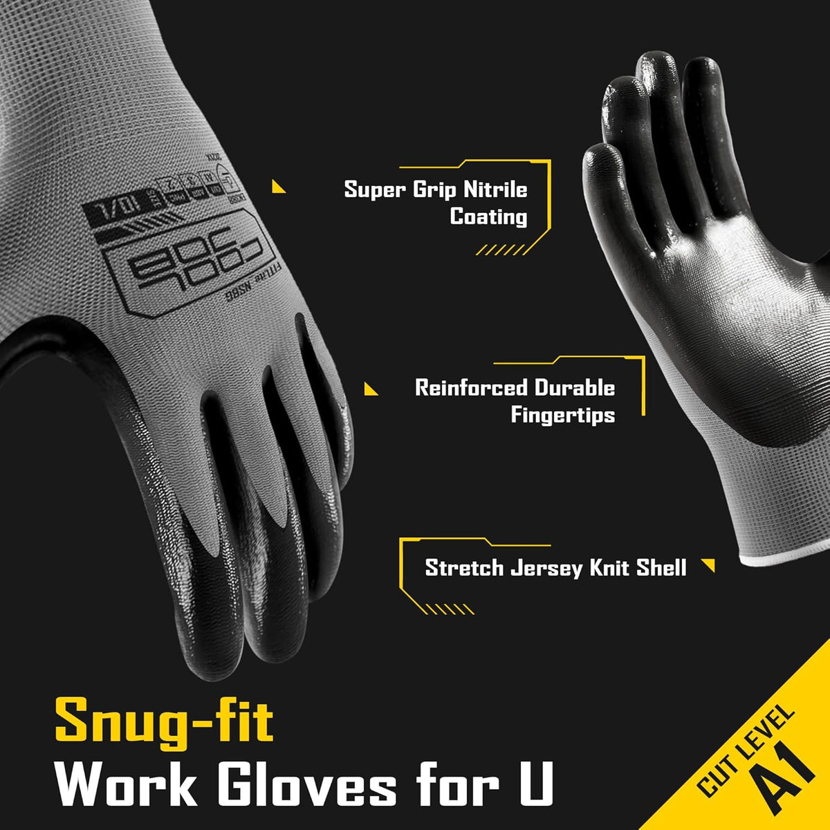 COOLJOB 10 Pairs Nitrile Dipped Safety Work Gloves with Grip, Non-slip Rubber Coated Bulk Garden