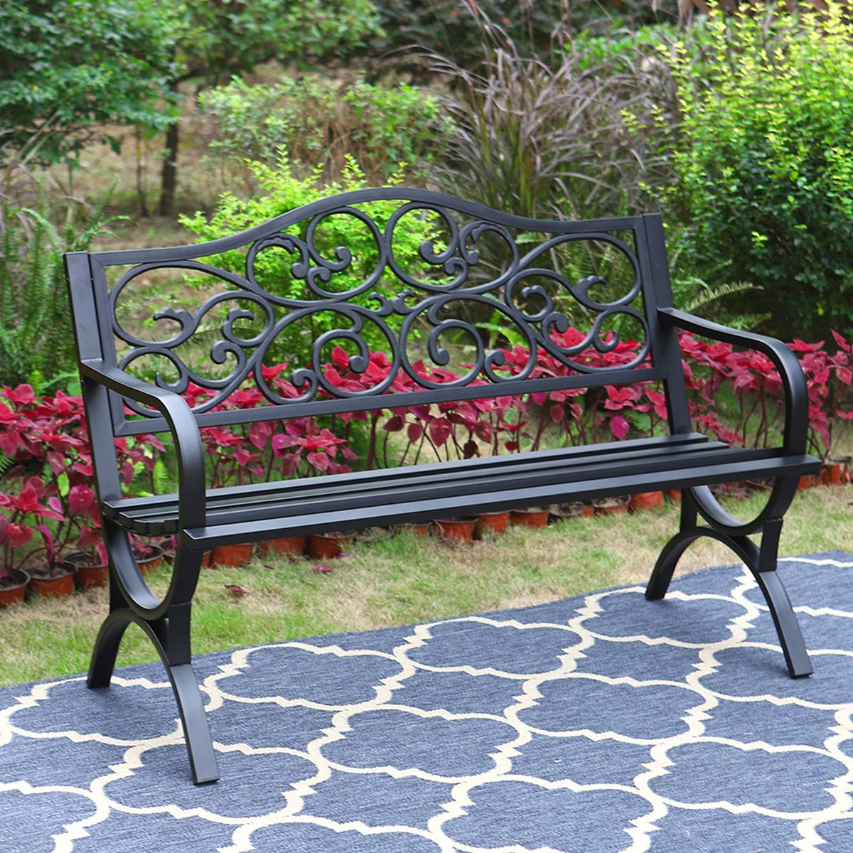 MFSTUDIO 50 Inches Outdoor Garden Bench Cast Iron Metal Frame, Floral Black