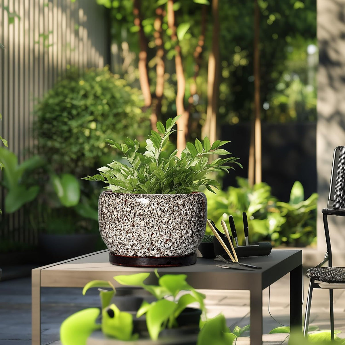 SQOWL Ceramic Plant Pots - 10 Inch Planter for Indoor Plants Outdoor, Large Flower Pots with