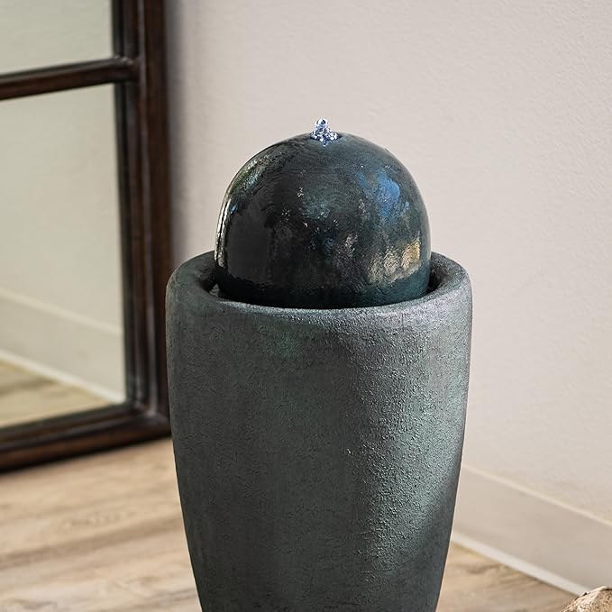 XBrand 25.98" H Round Stone Indoor/Outdoor Modern Stone Textured Sphere Water Fountain w/LED