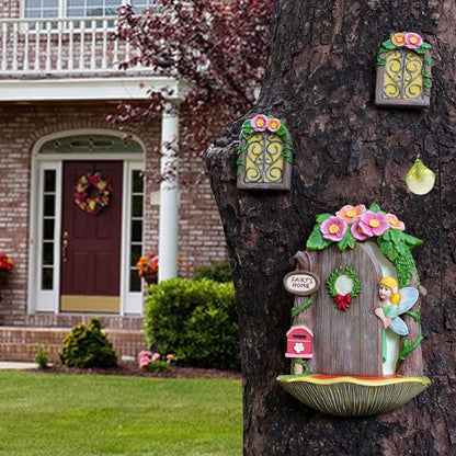 Fairy Door and Windows Garden Kit Accessories Outdoor, Glow in Dark Gnome House for Tree, Lawn Yard