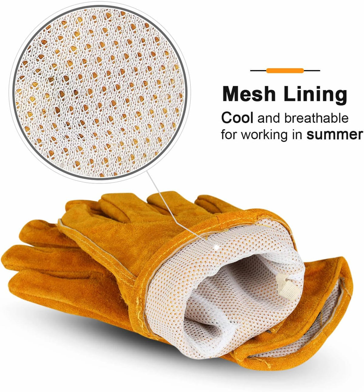 OZERO Leather Work Gloves Flex Grip Tough Cowhide Gardening Glove for Men and Women (Gold With Mesh