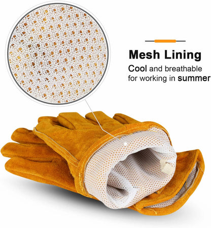 OZERO Leather Work Gloves Flex Grip Tough Cowhide Gardening Glove for Men and Women (Gold With Mesh