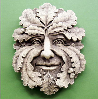 Carruth Studio, Green Man Wall Plaque Figurine, Original Sculpture Handcrafted in Stone, Artisan