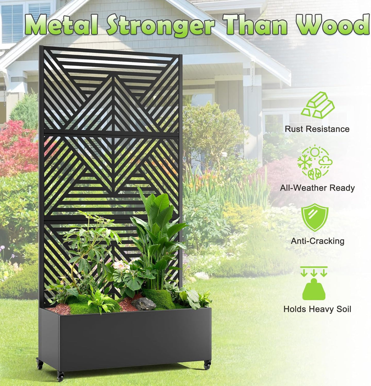 15.7"×70.9"×35.4" Metal Raised Garden Bed with Trellis and Wheels - Tall Trellis Planter Box for