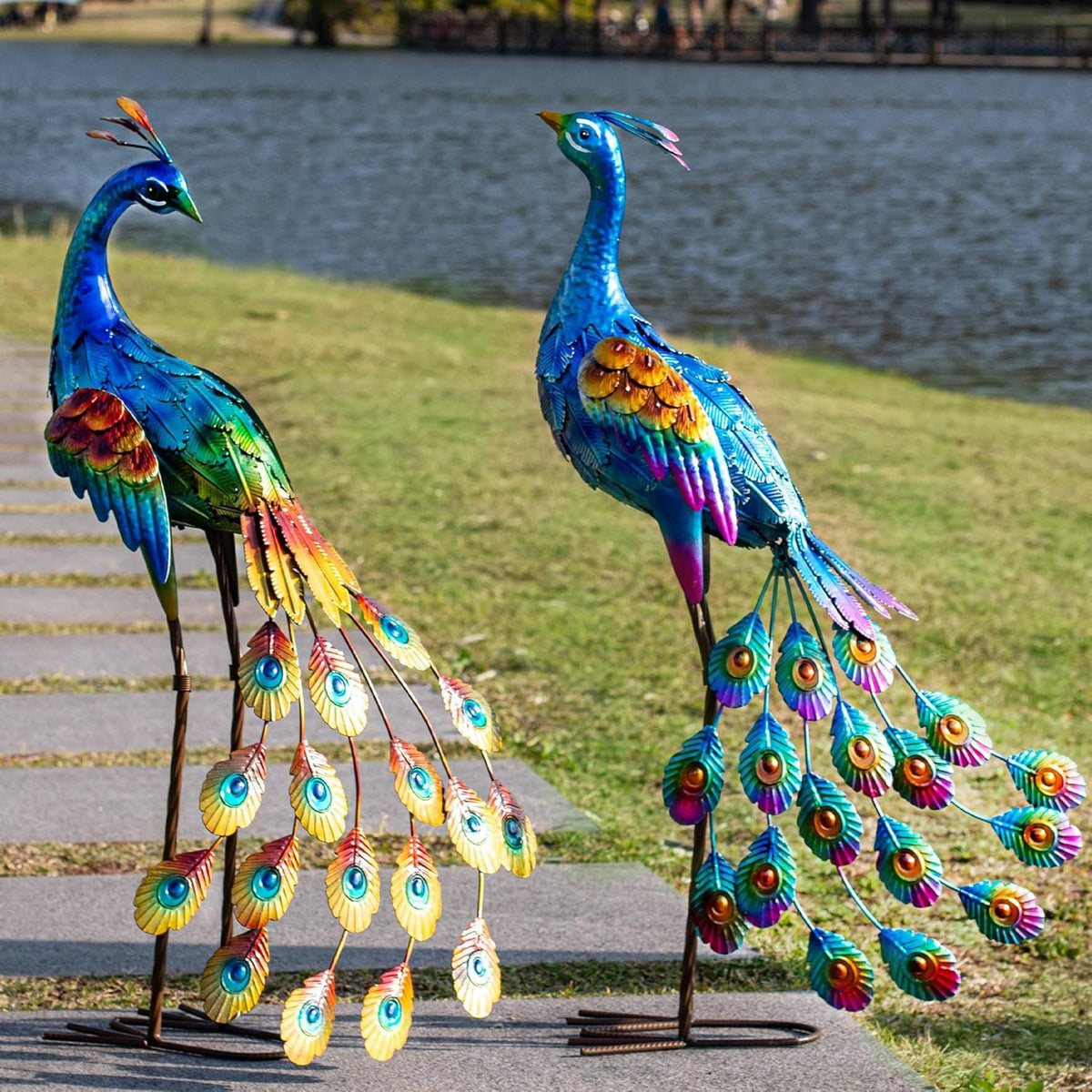 Kircust Peacock Garden Statue and Sculpture, Metal Peacocks Yard Art Lawn Decor, Large Birds Garden