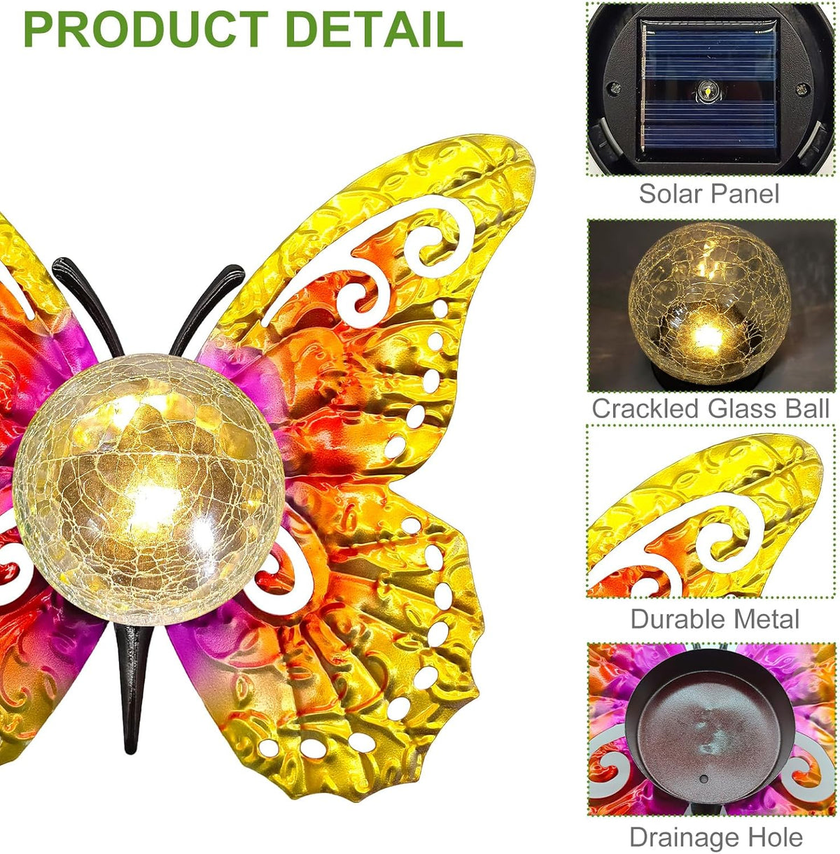 Solar Lights Outdoor Garden Butterfly Decor, Metal Butterfly Statue Decoration with LED Crackle