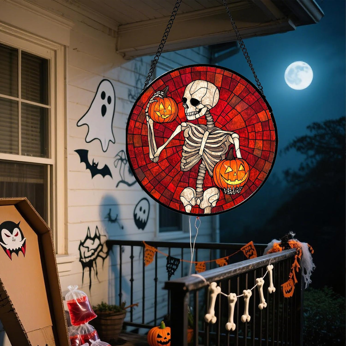 Stained Glass Window Hanging - Halloween Decorations Skeleton Pumpkin Suncatcher for Doors Garden