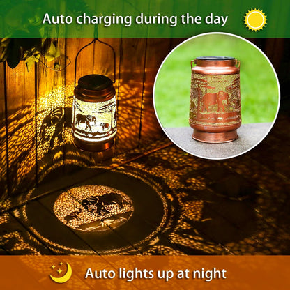 2 Pack Elephant Outdoor Solar Hanging Lanterns Waterproof LED Solar Lights Metal Decorative