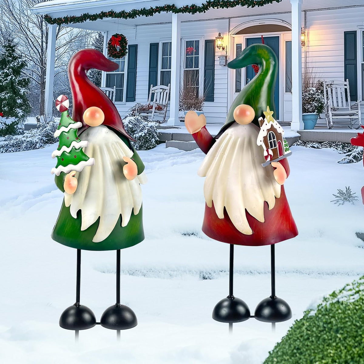 HONGLAND Outdoor Christmas Decorations, 2 PCS Metal Gnome Yard Art Christmas Gnomes 18 Inch Gnome