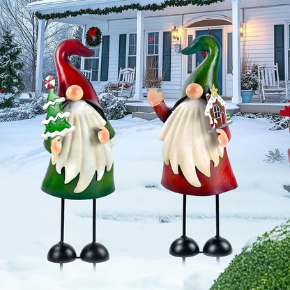 HONGLAND Outdoor Christmas Decorations, 2 PCS Metal Gnome Yard Art Christmas Gnomes 18 Inch Gnome