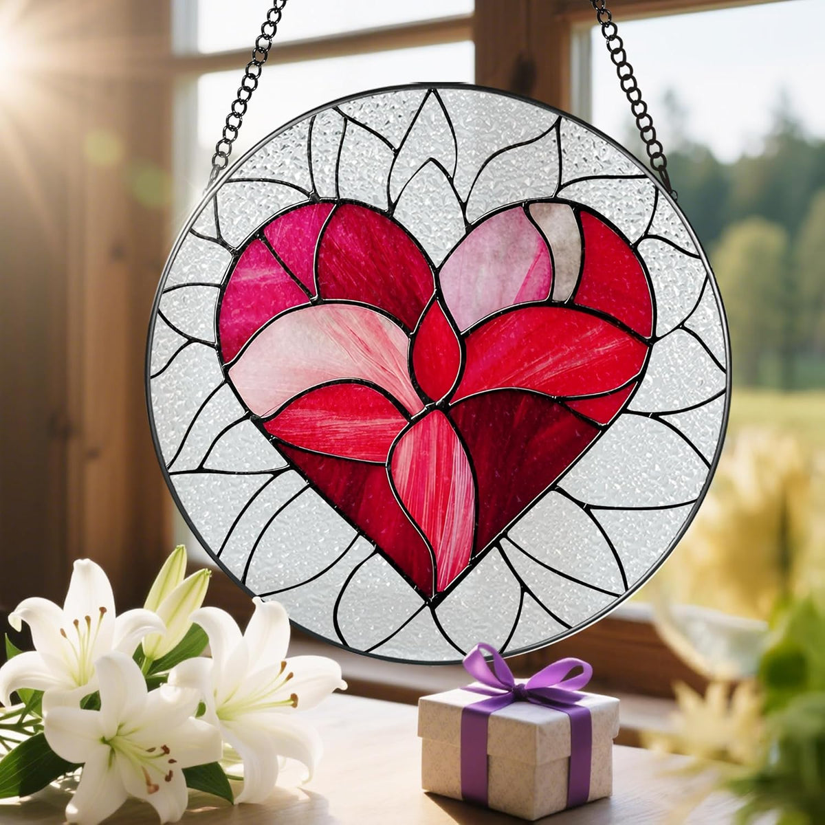 8'' Valentine Heart Suncatcher Ornament, Stained Glass Window Hanging, Suncatchers for Windows