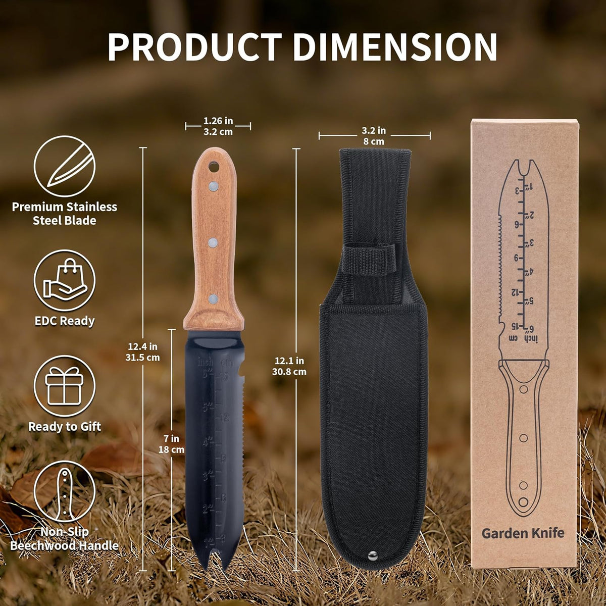 YANG Hori Hori Garden Knife, 7" Stainless Steel Gardening Knife with Oxford Cloth Sheath, Full Tang